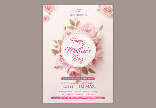 Editable Happy Mother's Day Event Invitation Template with Elegant Pink Flowers Frame and Circular Typography Label.
