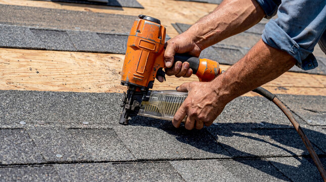 Roofing contractor installing grey asphalt shingles with orange pneumatic nail gun onto plywood deck