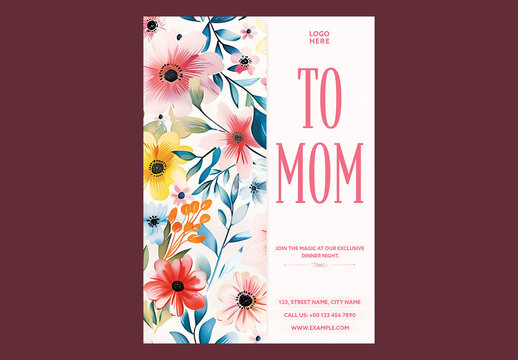 Editable Mother's Day Party Invitation Template with Colorful Floral Pattern and Elegant Pink Typography on White Background.
