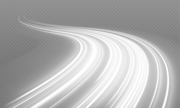 Dynamic white light trails sweep across a night highway, forming fluid motion lines with depth and clarity. Soft blur enhances the sense of speed. A sleek digital illustration.