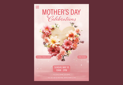 Editable Mother's Day Celebrations Invitation Template with Floral Heart Decoration and Event Details on Soft Pink Background.