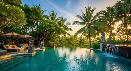 Fototapeta premium Luxurious infinity pool at a tropical resort surrounded by lush palm trees and exotic greenery under a warm sky, perfect for a relaxing vacation.