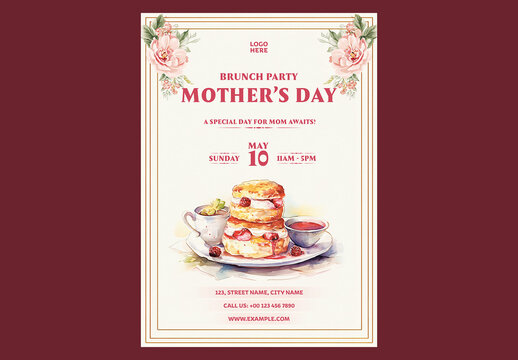 Editable Mother's Day Brunch Party Invitation Template with Watercolor Scones and Berries Illustration and Off White Background.