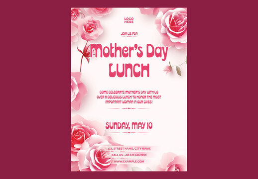 Editable Mother's Day Lunch Invitation Template with Pink Roses Border on White Background for Restaurant Buffet Event.