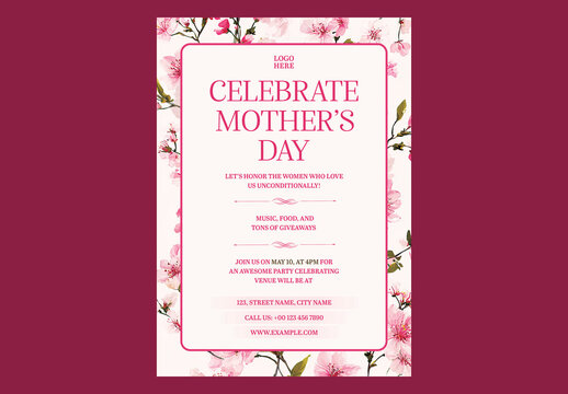 Editable Happy Mother's Day Celebration Invitation Template with Floral Border Decorative in Pink and White Theme.