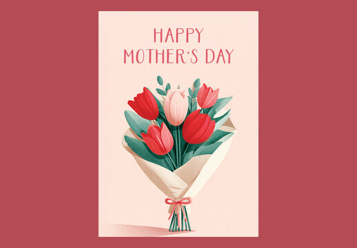 Editable Happy Mother's Day Greeting Template with Paper Tulip Bouquet and Off White Background.