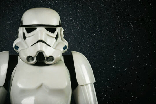 Closeup of Star Wars Stormtrooper action figure character from the Star Wars movie saga and space for text. Illustrative editorial