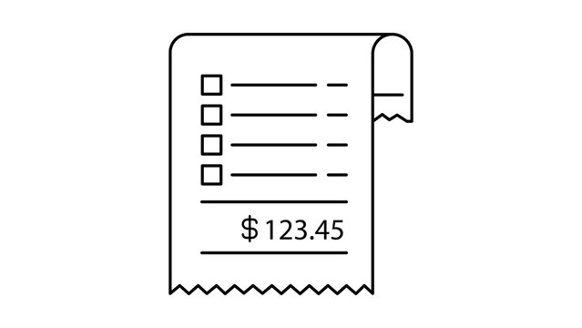 Minimalist Black Line Vector Icon of an Expense Report Receipt Roll on a White Background, Clean Scalable Illustration for Business Finance, Accounting, Billing, and Transaction Records.