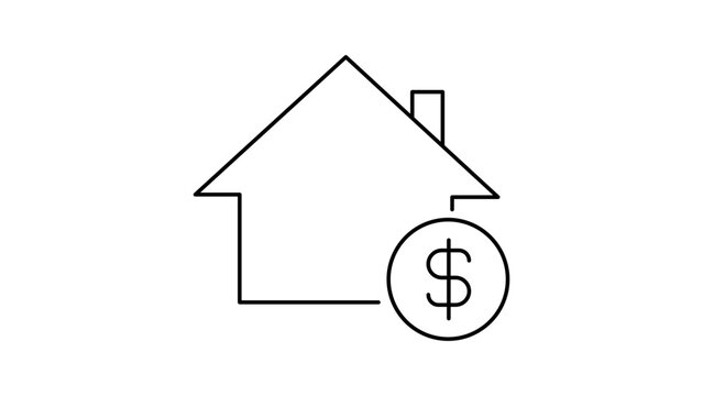 Minimalist black line vector icon illustration of a house outline with a dollar sign representing mortgage, home loan, real estate investment, and property financing on a white background.