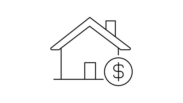 Minimalist black line vector icon illustration of a house outline with a dollar sign, representing mortgage, home loan, real estate investment, and property finance on a white background.