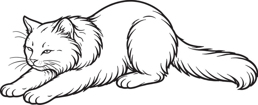 Ragamuffin cat kneading paws line art, fluffy longhair cat biscuit making pose outline illustration isolated