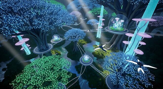 A fantastical, digitally rendered forest with glowing trees, pods, and flowing water, creating a futuristic, otherworldly atmosphere