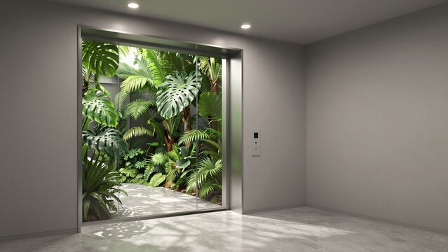 Modern elevator interior with open doors revealing a vibrant tropical jungle landscape outside.