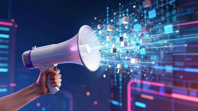 A hand holding a white megaphone emitting vibrant blue and pink digital data streams against a futuristic cityscape backdrop with soft focus.