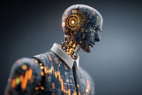 Exploring profitable horizons with artificial intelligence. Tech collaboration. Tech visionary with virtual agi and brightening market graphs. Digital innovation. Futuristic technology.