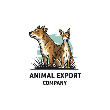 Stylized brown dingo standing next to a smaller dingo sitting on green grass with an abstract blue background