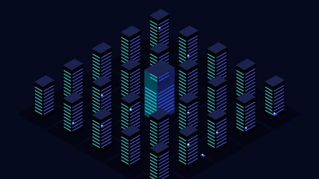 Isometric Cloud Server Room Animation with Glowing Blue Lights and Data Processing