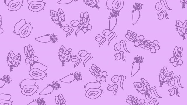 Pattern of drawings of carrots, radishes, and beans suitable for food packaging, recipe books, kitchen decor, and vegetarianthemed designs.