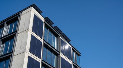 Obraz premium Modern office building with integrated solar panels against clear blue sky.
