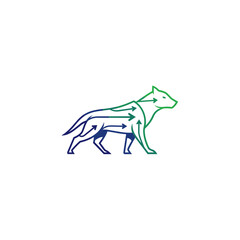 Fototapeta premium Stylized dog or wolf logo with internal arrows in blue green gradient