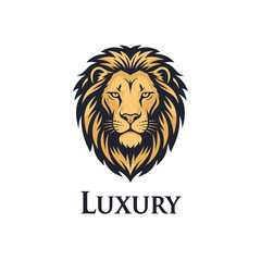 Obraz premium Stylized golden and black lion head logo with luxury text on white background