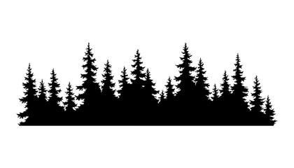 Fototapeta premium Fir trees silhouette. Coniferous spruce horizontal background pattern, black evergreen woods vector illustration. Beautiful hand drawn panorama of coniferous forest