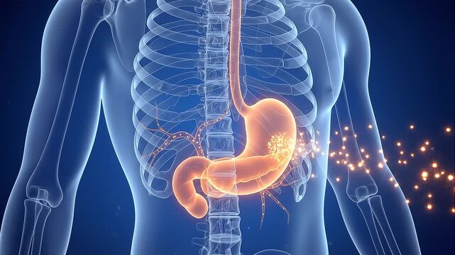 Detailed 3D animation showing the human stomach at work, with glowing particles representing nutrients or enzymes dispersing from the organ