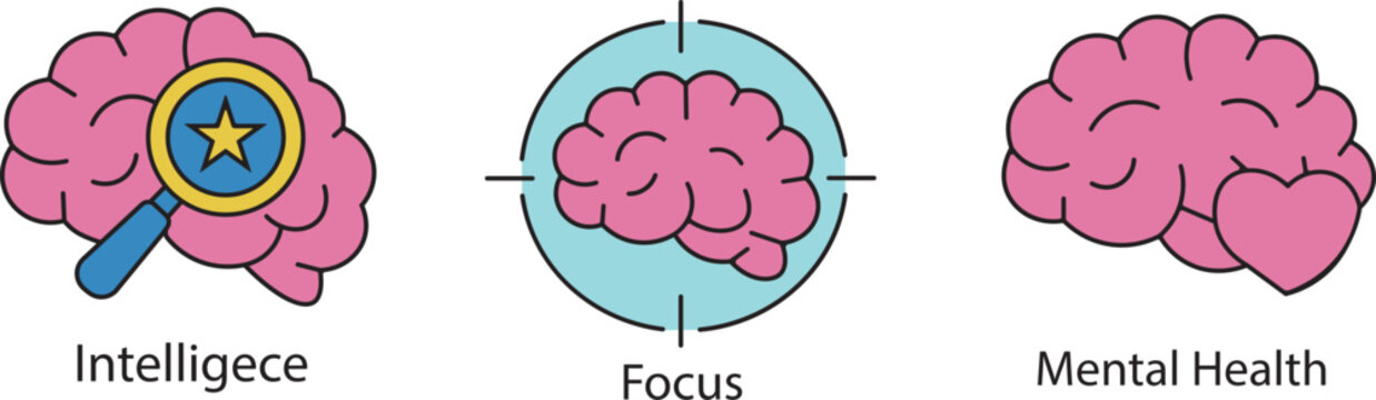 Illustrative diagram of brain structures and cognitive functions intelligence focus and mental health