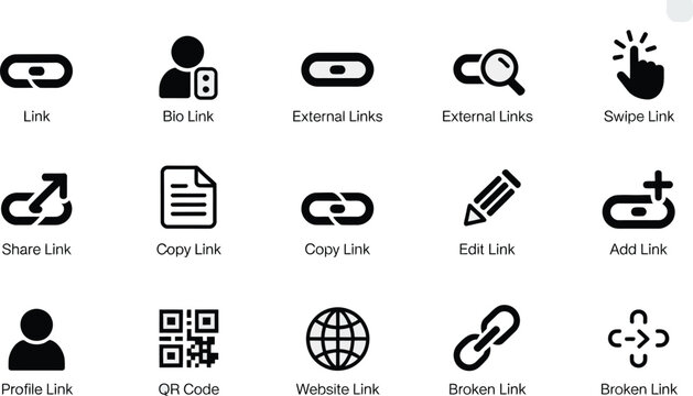 Link icons bio external website QR edit share add remove save vector illustration representing modern UI interface navigation and digital communication system