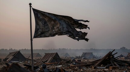 Obraz premium Worn Flag in Ruined Landscape at Dusk After Battle or Disaster