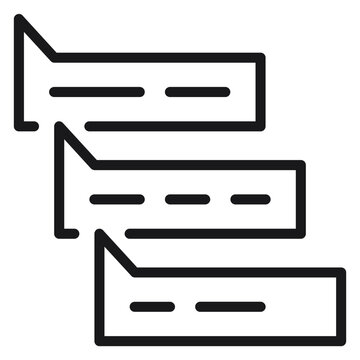 Minimalist black vector icon illustration of three stacked speech bubbles with dashed lines representing text, symbolizing communication, online chat, messaging, conversation, and feedback.