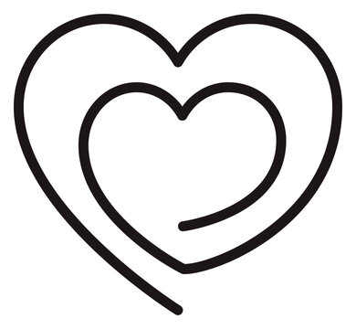 Minimalist black line art vector illustration of two nested hearts, representing love, romance, and connection. Clean continuous line drawing icon for wedding, Valentine's Day, or health care.