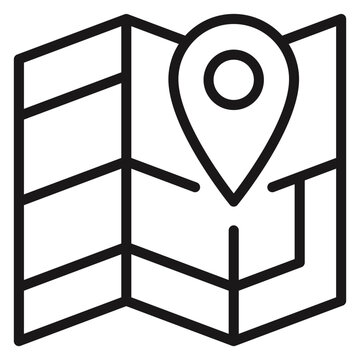Black line vector icon illustration of a folded paper map with a location pin marker, representing navigation, travel planning, GPS destination tracking, and geographic location services.