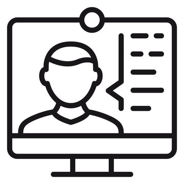 Online Education and Video Conference Vector Icon Illustration: A Minimalist Black Line Symbol of a Computer Monitor with a Person Silhouette, Webcam, and Chat Interface for Virtual Meetings