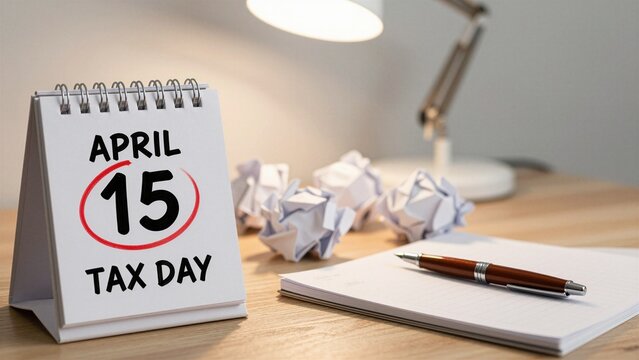 A desk setup featuring a calendar highlighting April 15 as Tax Day, surrounded by crumpled papers and a pen on notepad.