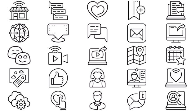 25 Black Vector Icon Set Collection Featuring Minimalist Symbols for Communication, Business, Technology, Social Media, Navigation, Education, and Lifestyle Graphics in a Clean Line Art Style