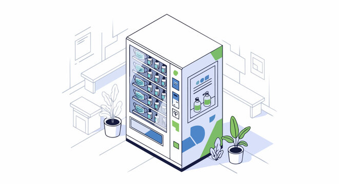 Isometric Illustration of a PPE Vending Machine with Face Masks and Hand Sanitizer