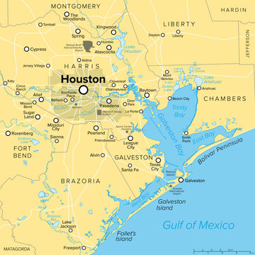 Houston and vicinity, political map. Houston, seat of Harris County, and most populous city in the U.S. state of Texas, in Southern United States, located near Galveston Bay and Gulf of Mexico. Vector