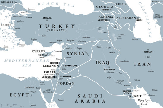 Eastern Mediterranean, Turkey and countries of the Levant, gray political map. Heart of the Middle East encompassing Anatolia, and countries along the eastern Mediterranean coast. Illustration. Vector