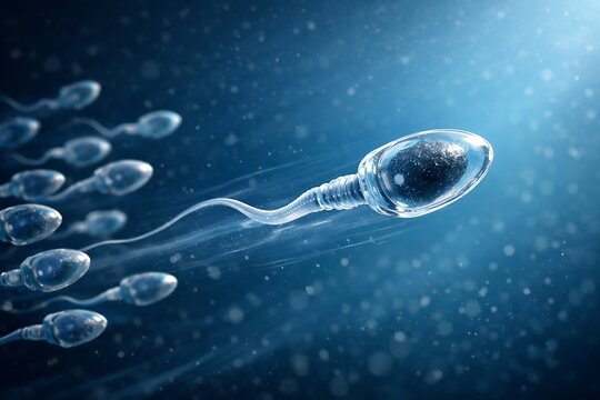 A microscopic view of sperm cells swimming in a blue liquid