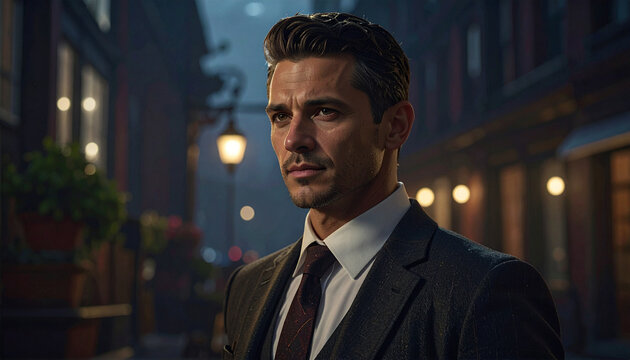 Man in suit poses outdoors at night