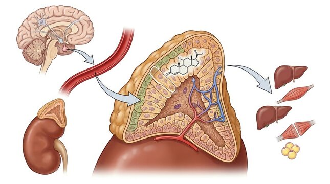 Diagram of the Body's Endocrine Glands: A detailed illustration showcasing the intricate interaction of adrenal glands, brain, kidneys, and liver, depicting the body's internal functions.
