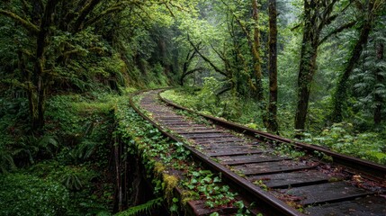 Obraz premium Abandoned railway remnants disappearing into green wilderness under soft light