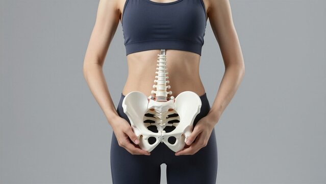 Fit woman in athletic wear holding a pelvic bone model, demonstrating female anatomy and core strength.