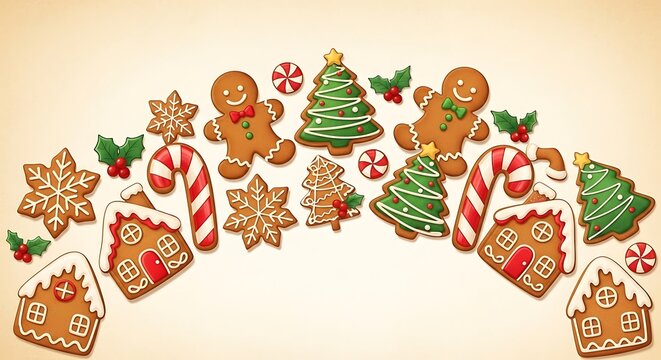 Assorted gingerbread cookies arranged in a festive pattern on a white background