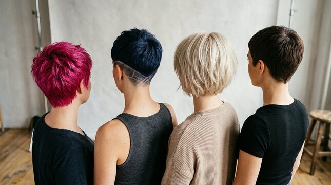 Four women showcasing diverse short hairstyles and vibrant hair colors from behind.