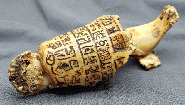 Ancient bone fragment intricately inscribed with Proto-Sinaitic script, a rare archaeological artifact revealing early writing systems.
