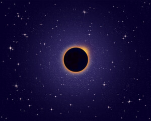 Naklejka premium Vector illustration of a lunar eclipse. The moon, moonlight, and sunlight against a starry sky with bright stars, stardust, and nebula. A cosmic galaxy with light sources, stars, gas, and cosmic dust.