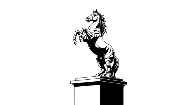 A black and white illustration of a horse rearing on a pedestal