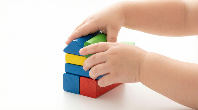 Building Blocks of Wonder: A child's tiny hands meticulously arrange colorful building blocks, symbolizing the boundless imagination and formative learning experiences of early childhood.